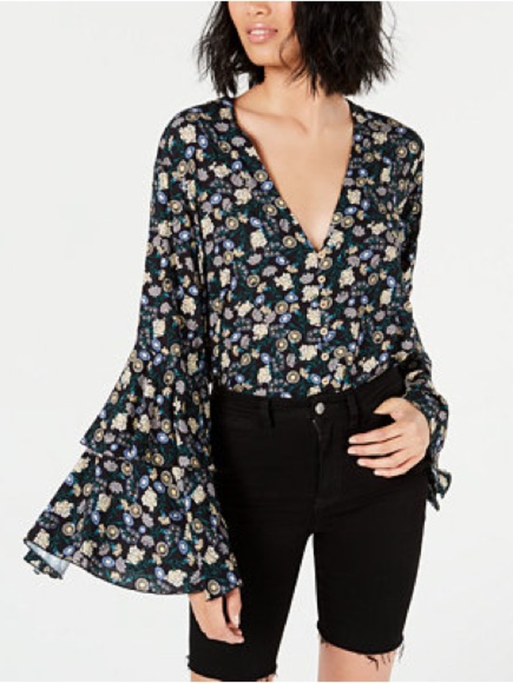 Floral V-Neck Bell Sleeve Blouse - Black